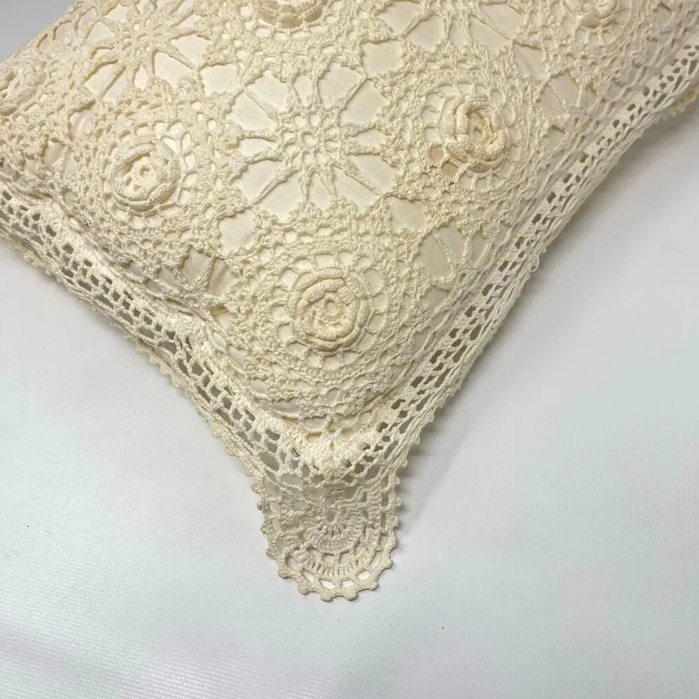 Vintage Hand Crochet Lace Throw Pillow Cover Cream Cotton Floral Boho 16x10